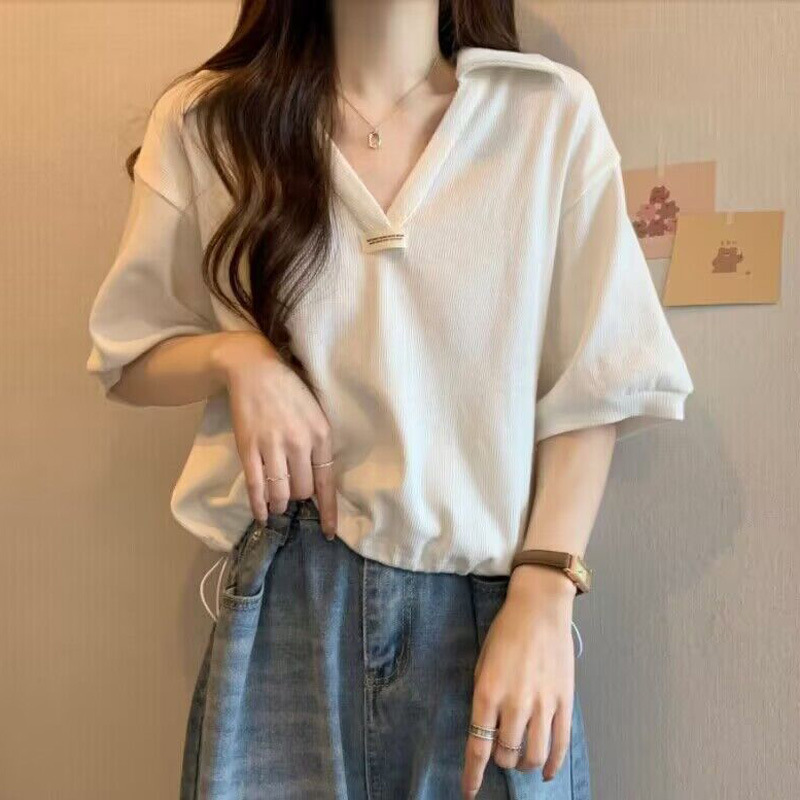 Quilt Cotton Summer - POLO Collar Drawstring Cotton Short-sleeved T-shirt