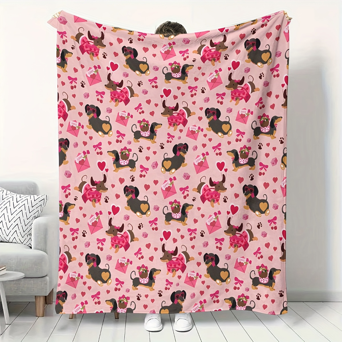 Dachshund & Hearts Pattern Chu - Throw Blanket Chunky Knit ulasan dan harga