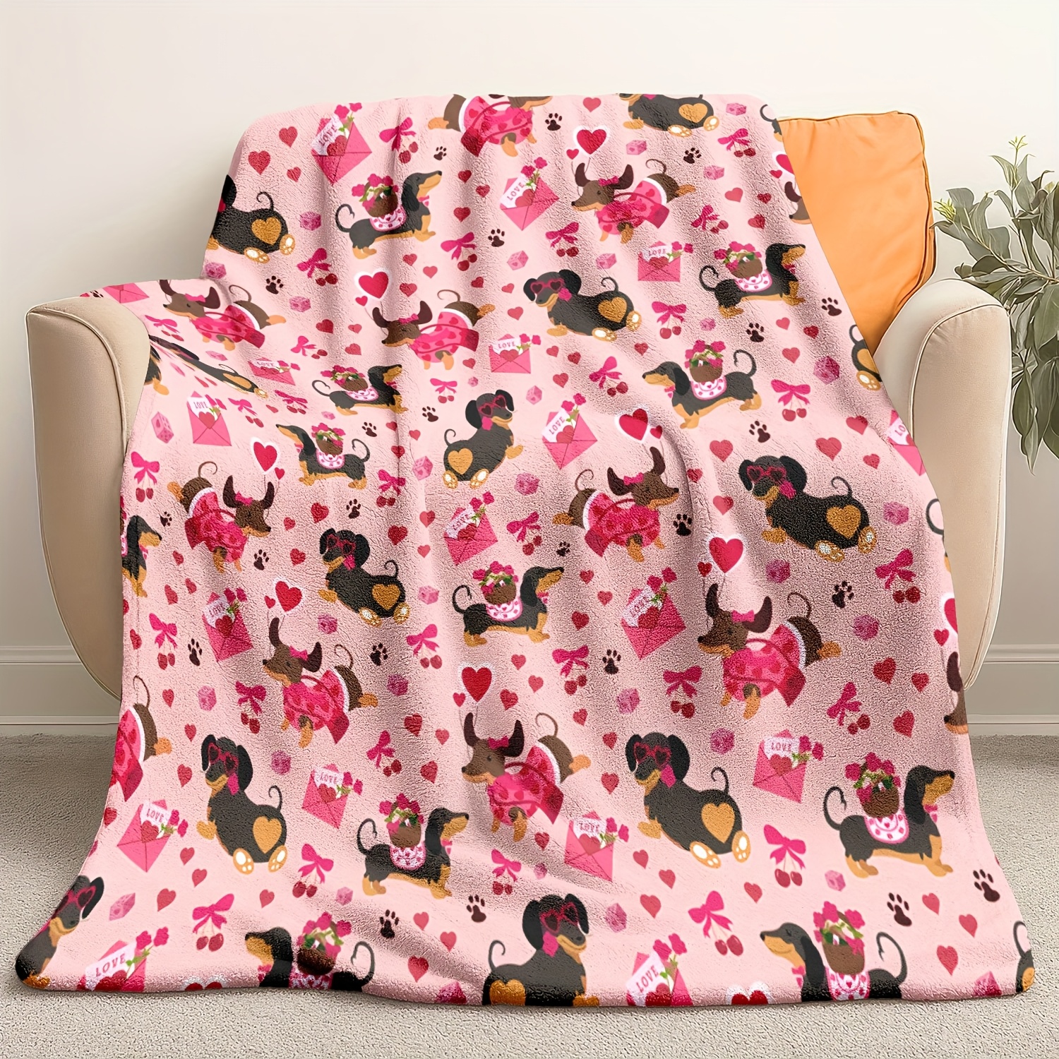 Dachshund & Hearts Pattern Chu - Throw Blanket Chunky Knit ulasan dan harga