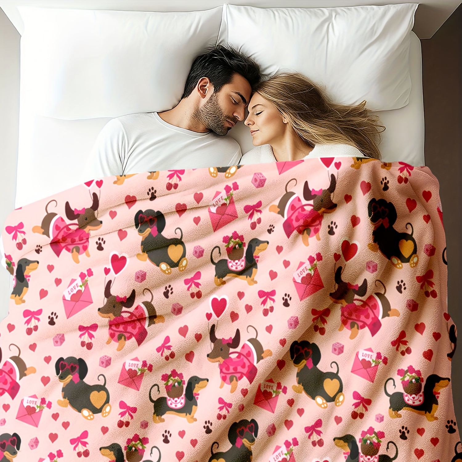 Dachshund & Hearts Pattern Chu - Throw Blanket Chunky Knit ulasan dan harga