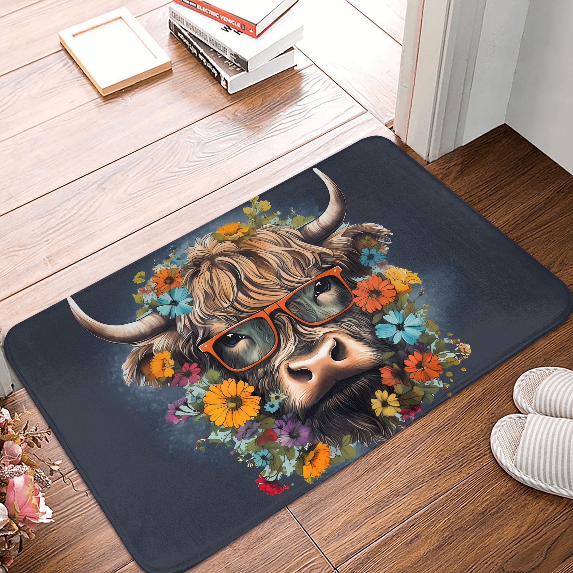 Highland Cow With Glasses Flor - Highland Home Textiles ulasan dan harga