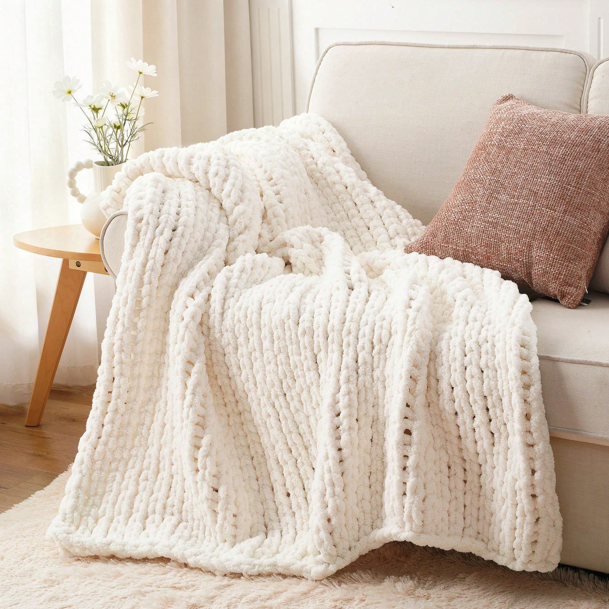 Cream Chunky Knit Throw Blanke - Throw Blanket Chunky Knit ulasan dan harga