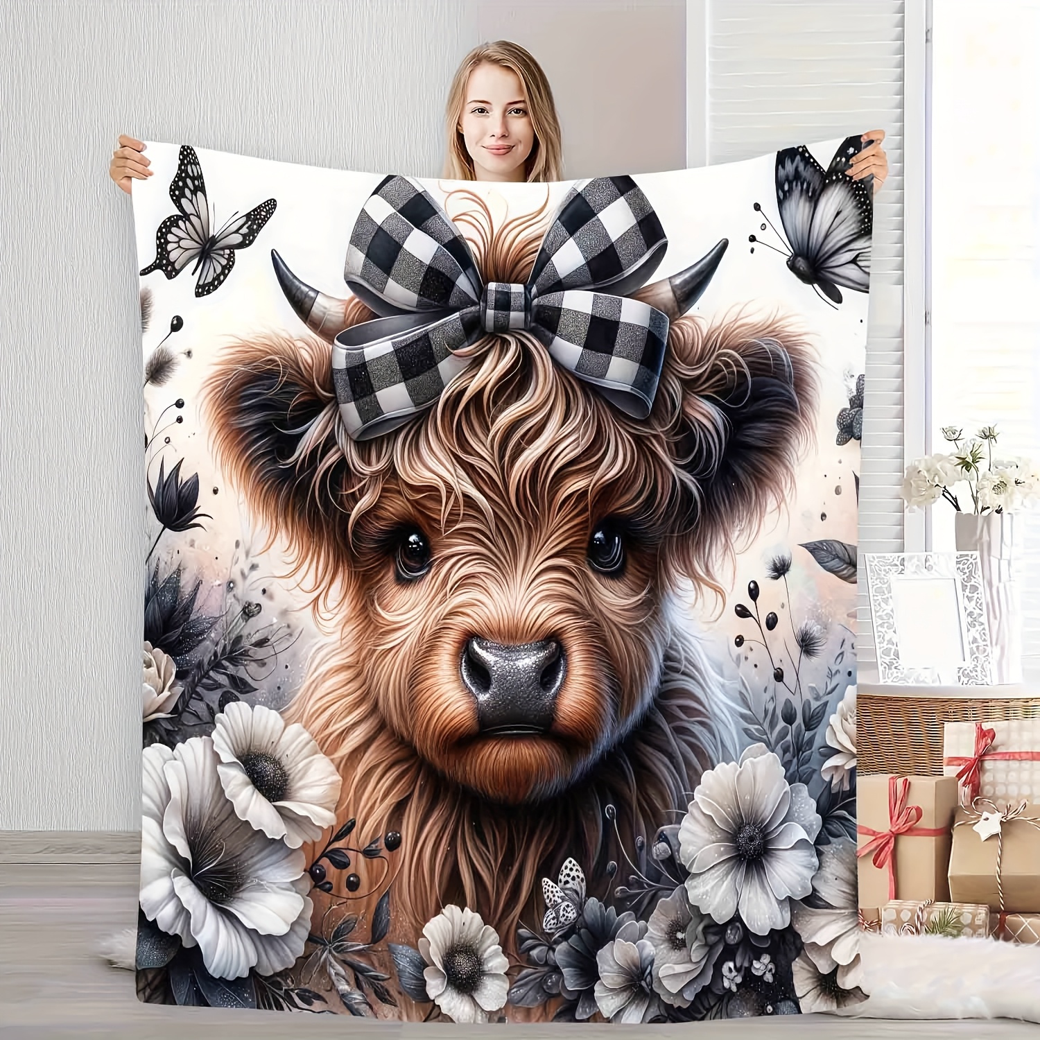 Highland Cow Plaid Blanket - C - Highland Home Textiles ulasan dan harga