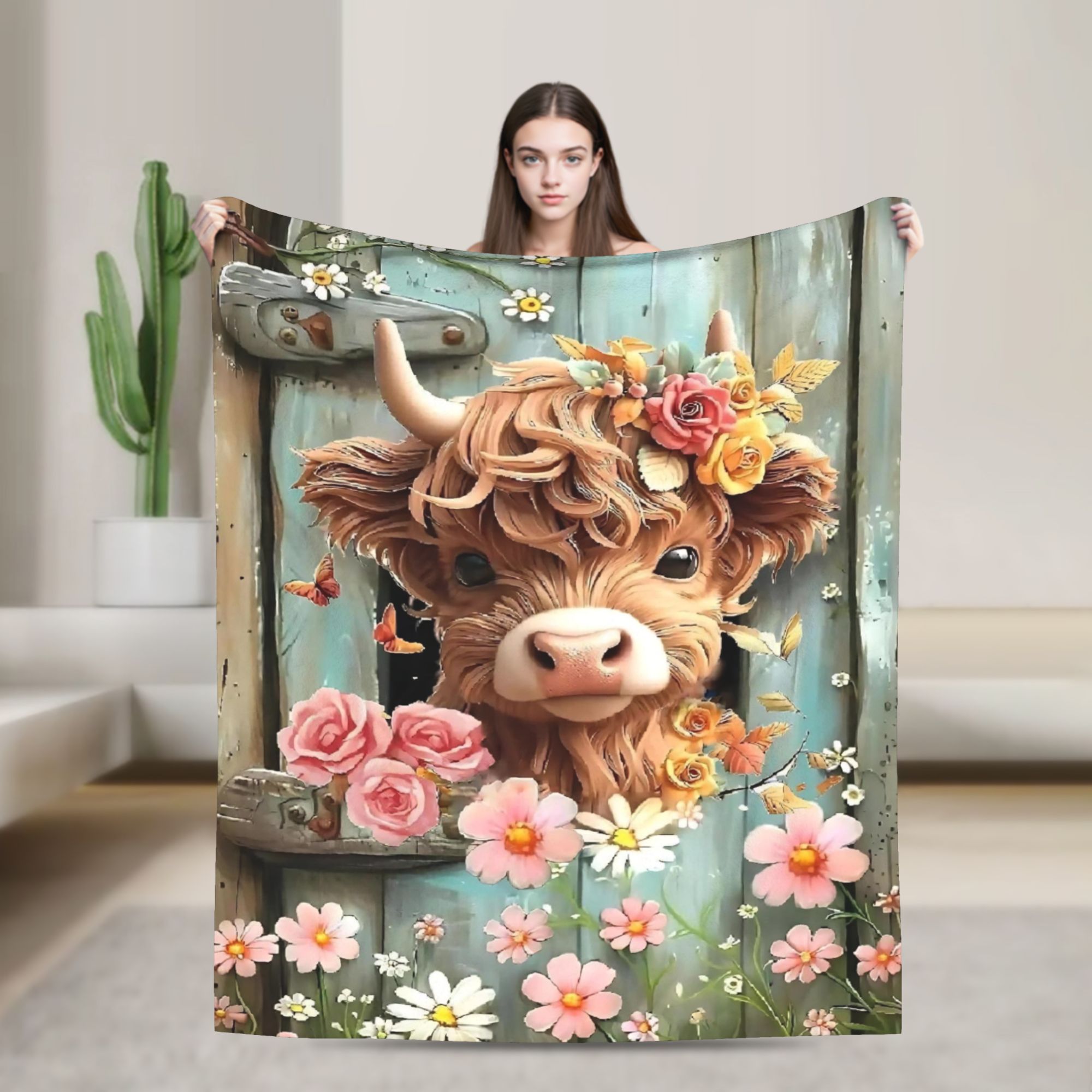 Highland Cow Boho Floral Blank - Highland Home Textiles ulasan dan harga