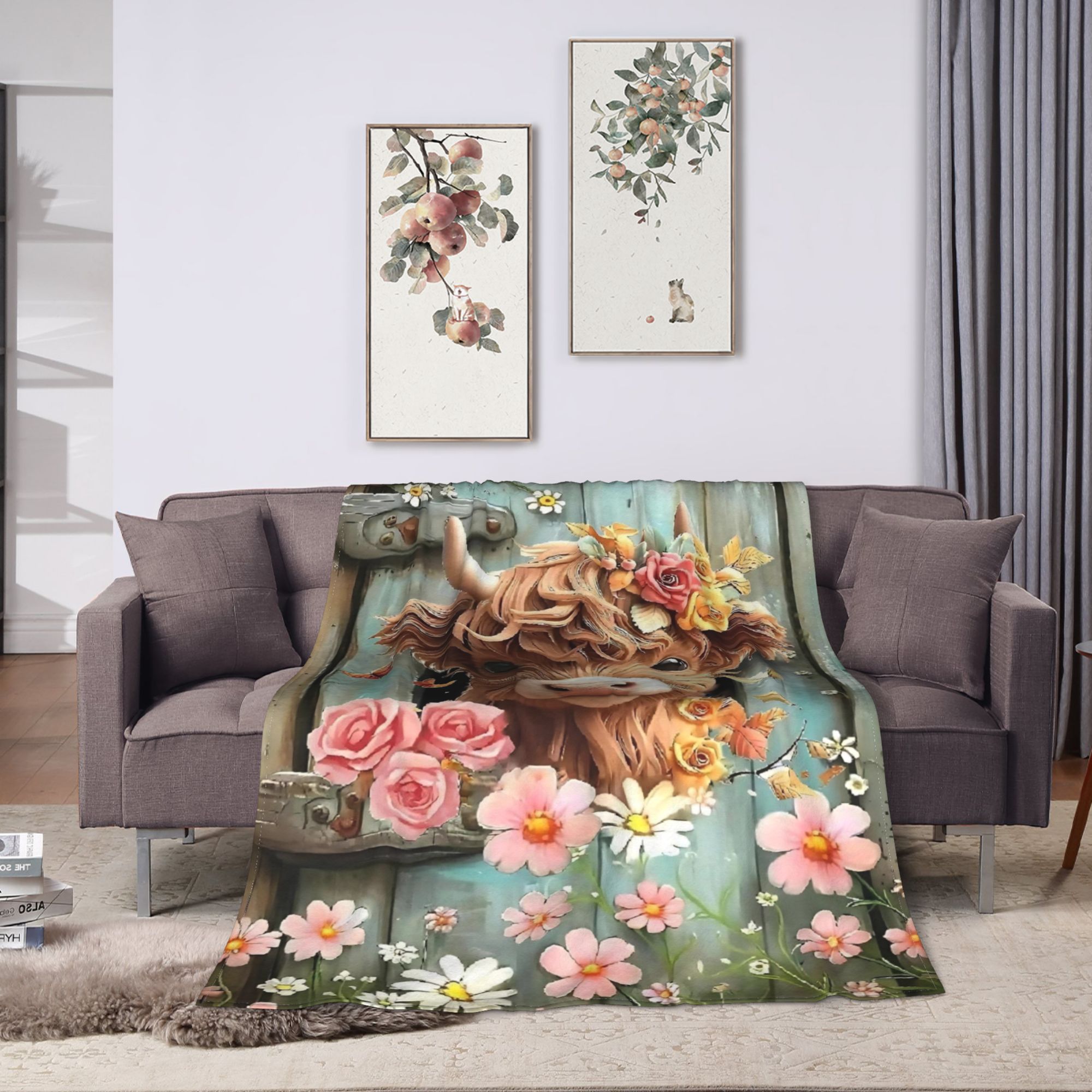 Highland Cow Boho Floral Blank - Highland Home Textiles ulasan dan harga