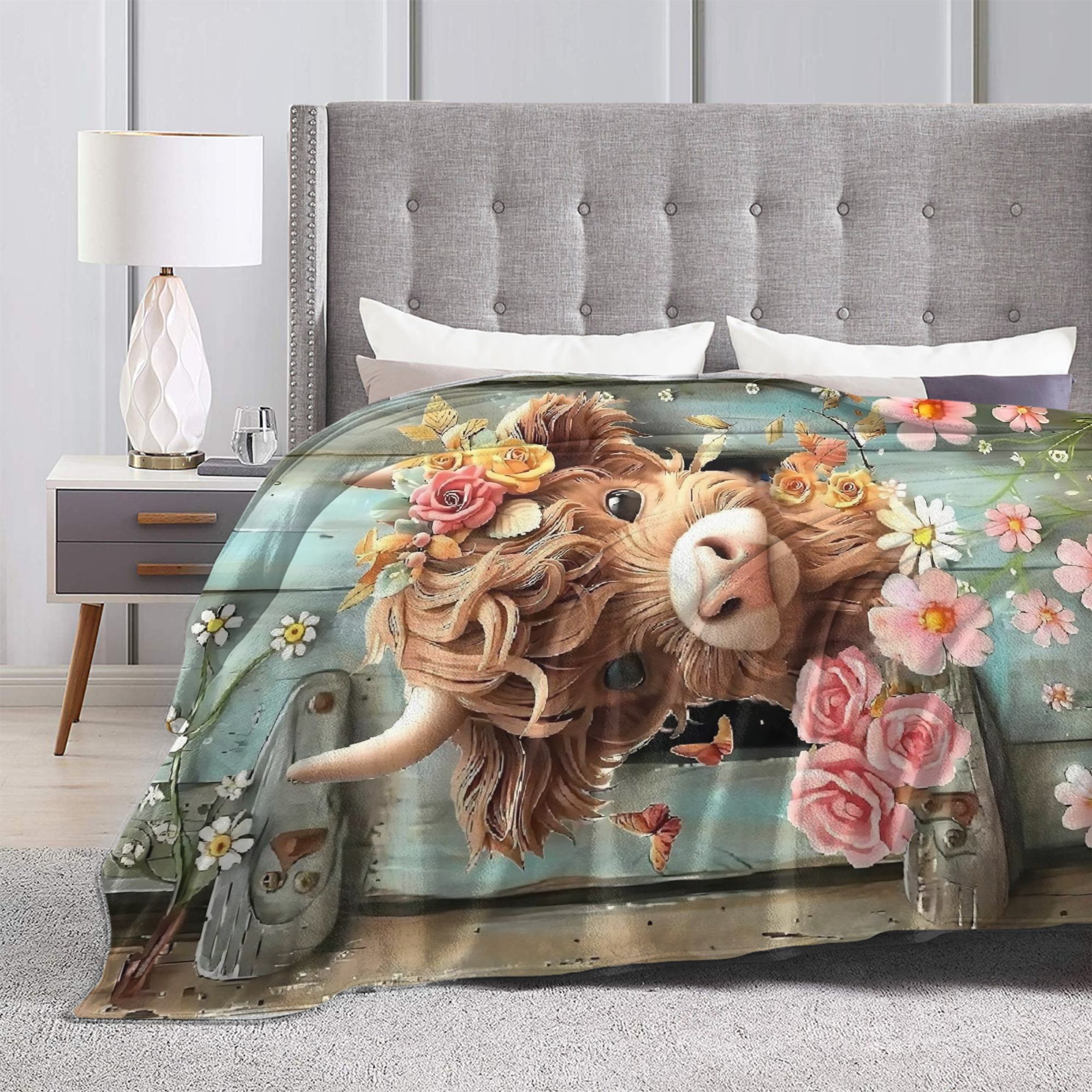 Highland Cow Boho Floral Blank - Highland Home Textiles ulasan dan harga