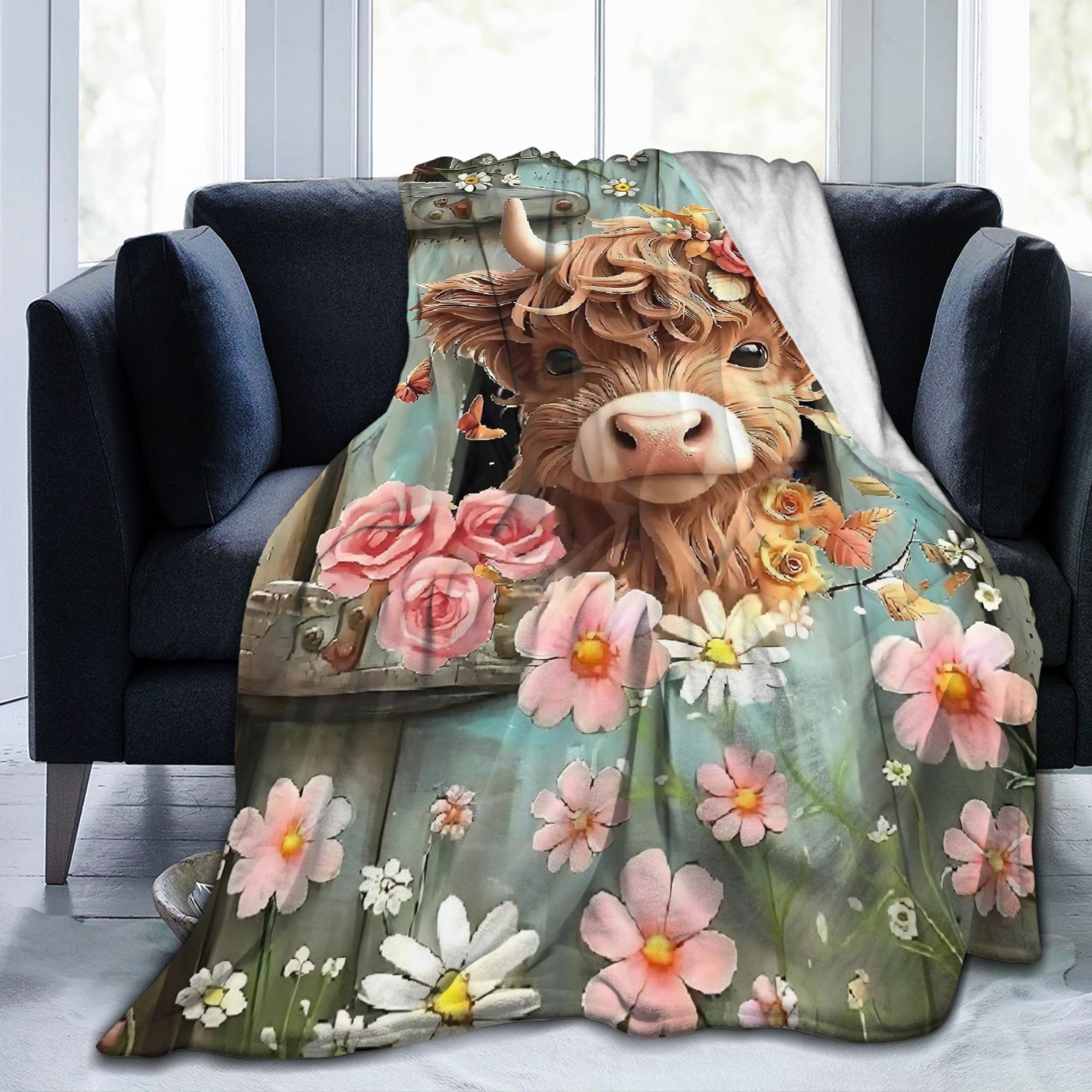 Highland Cow Boho Floral Blank - Highland Home Textiles ulasan dan harga